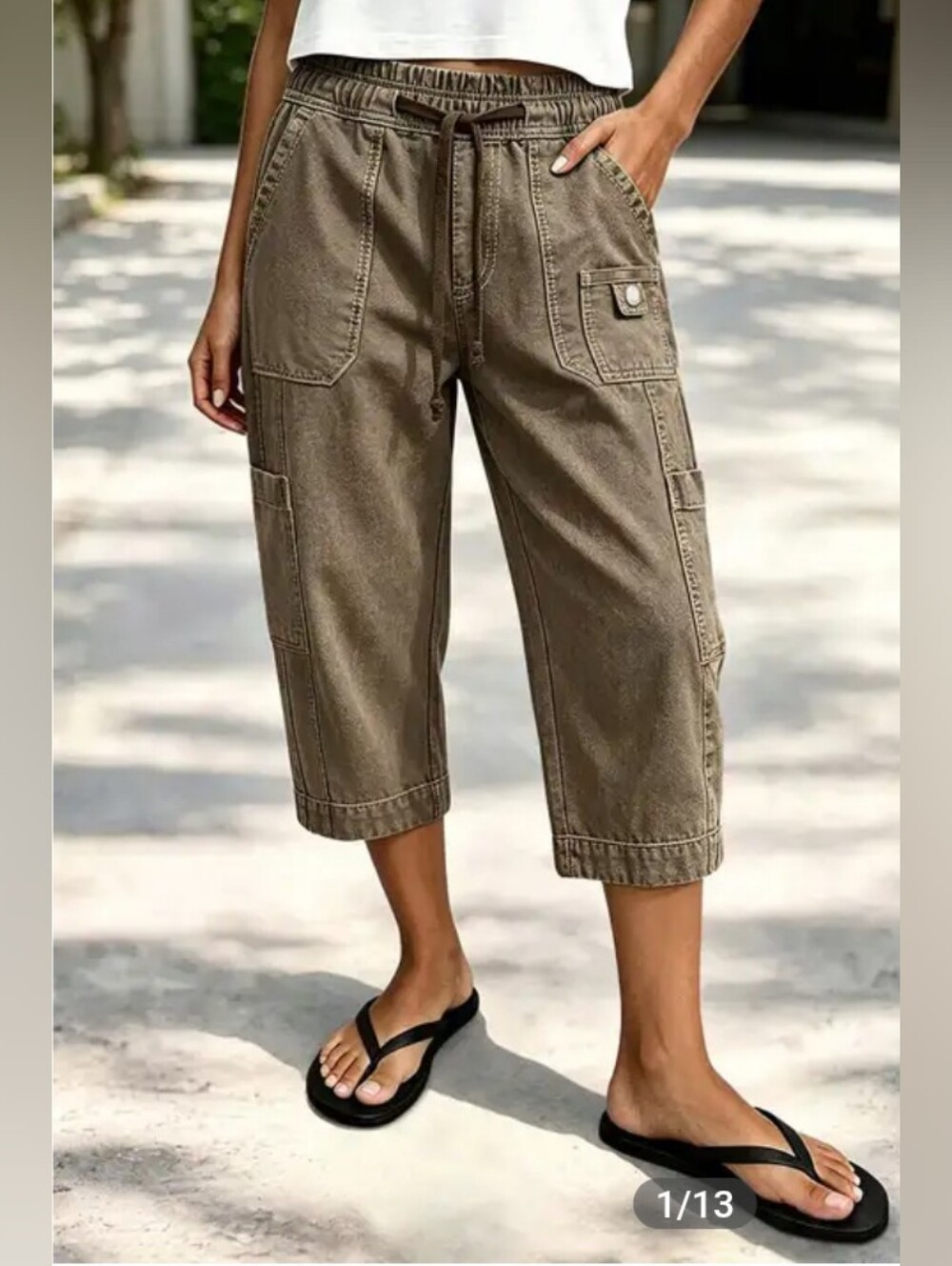 Flamingals Solid Patch Pocket Drawstring Elastic Barrel Leg Capri Pants NWT